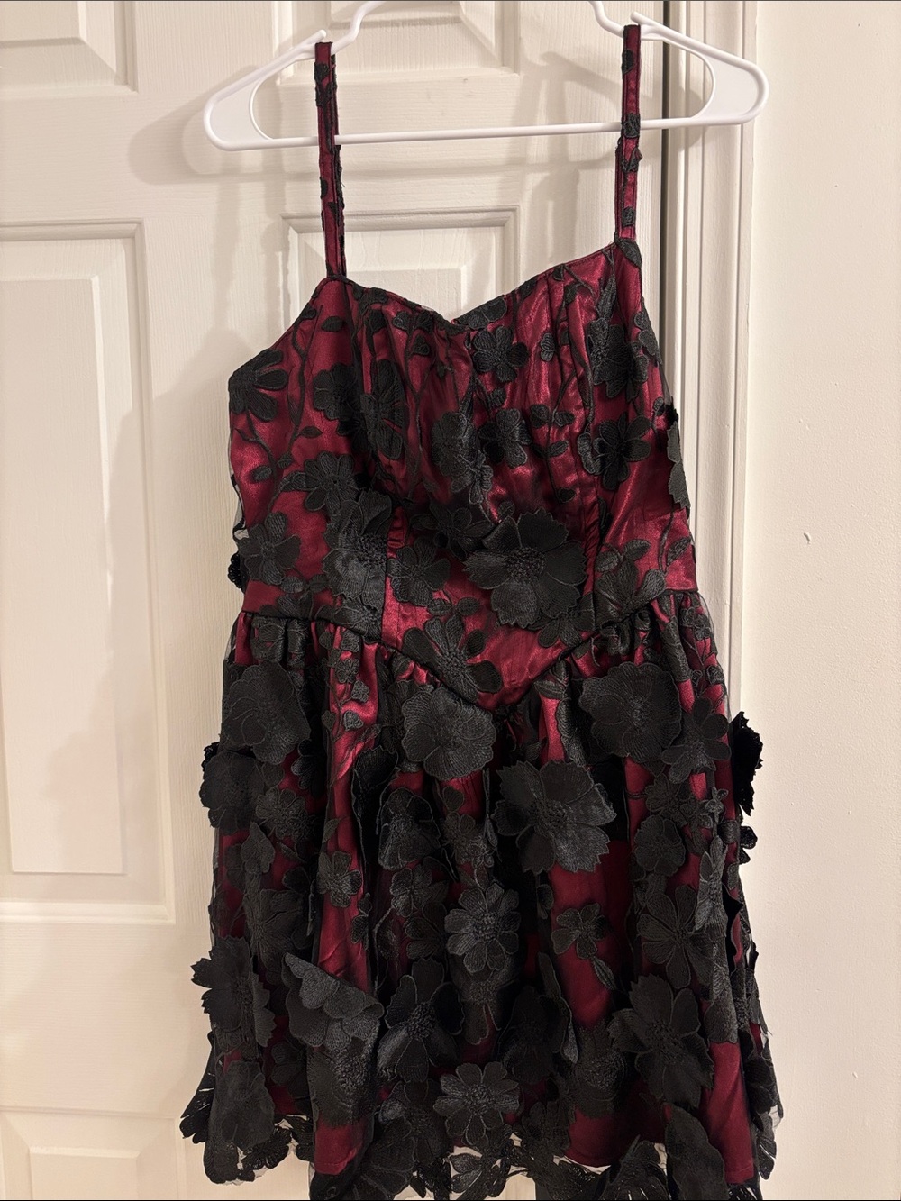 Sugar Thrillz Burgundy and Black Floral Appliqué Mini Dress